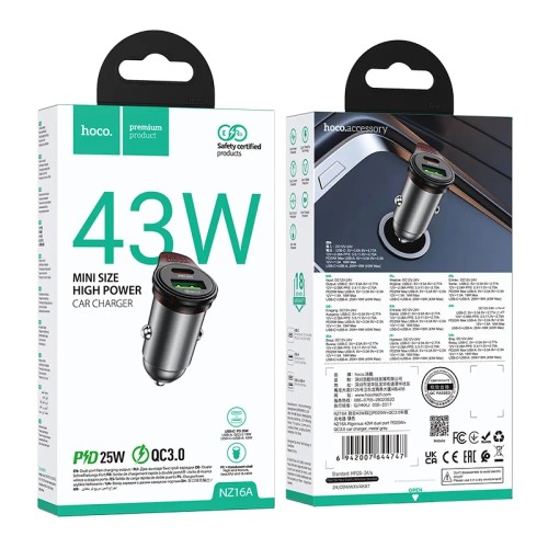 CAR USB CHARGER  NZ16A USB-C & USB-A 43W GREY